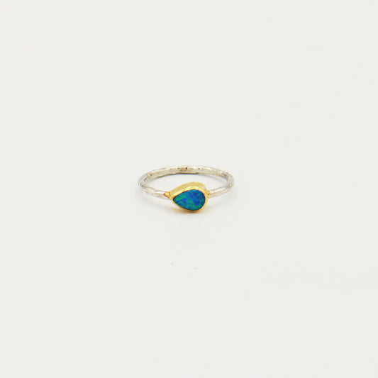 Dainty Australian Opal Pear GP Hammered Sterling Ring Size 5