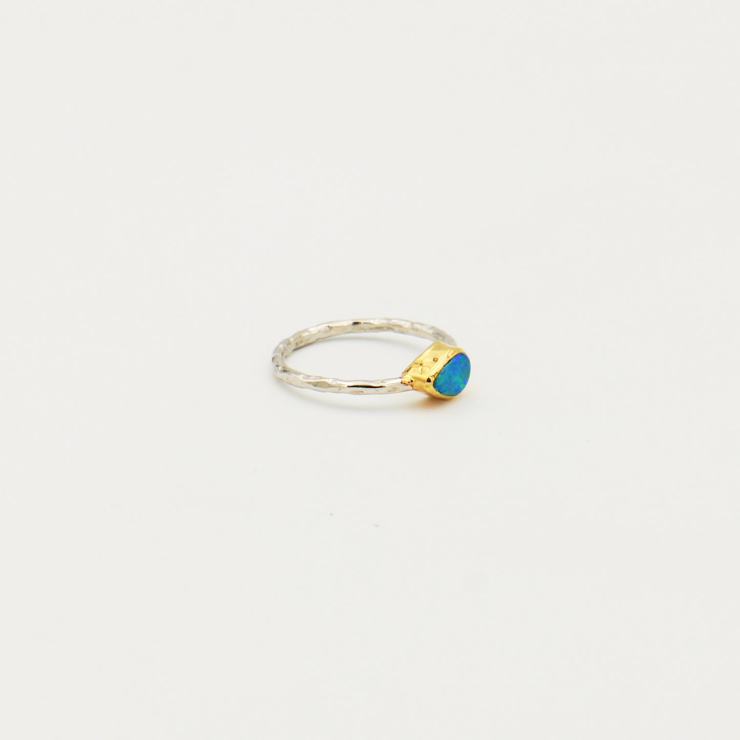 Dainty Australian Opal Pear GP Hammered Sterling Ring Size 5