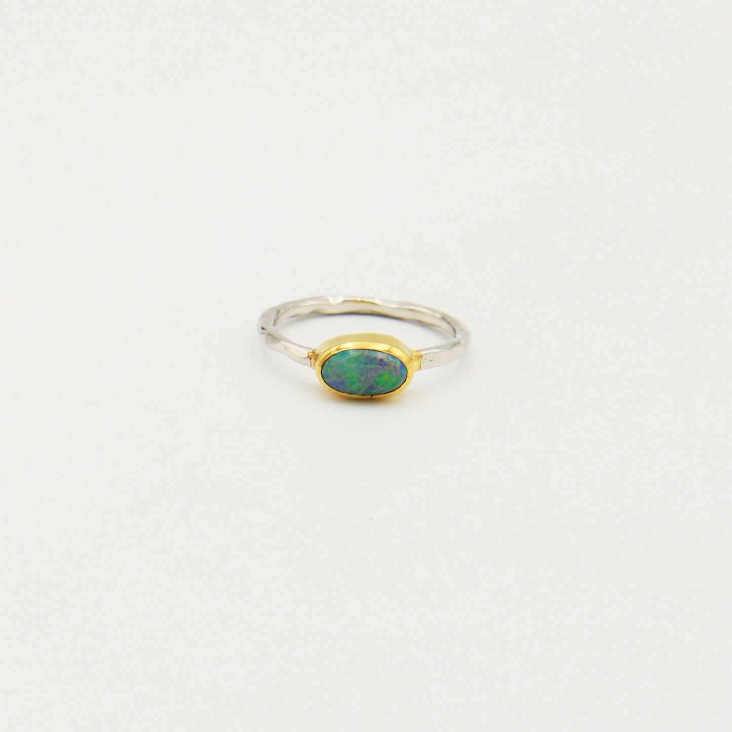 Dainty Australian Opal GP Hammered Sterling Ring Size 8