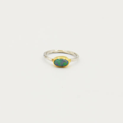 Dainty Australian Opal GP Hammered Sterling Ring Size 8