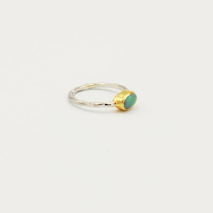 Dainty Australian Opal GP Hammered Sterling Ring Size 8