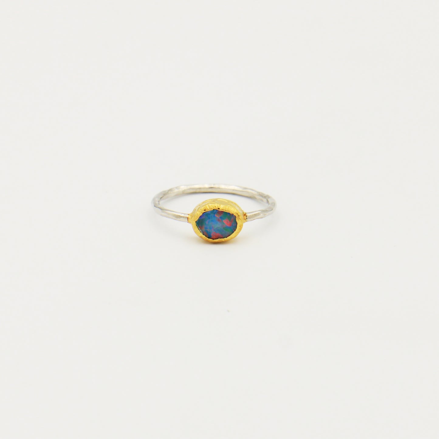 Dainty Oval Australian Opal GP Hammered Sterling Ring Size 8
