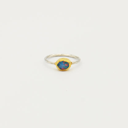 Dainty Oval Australian Opal GP Hammered Sterling Ring Size 8