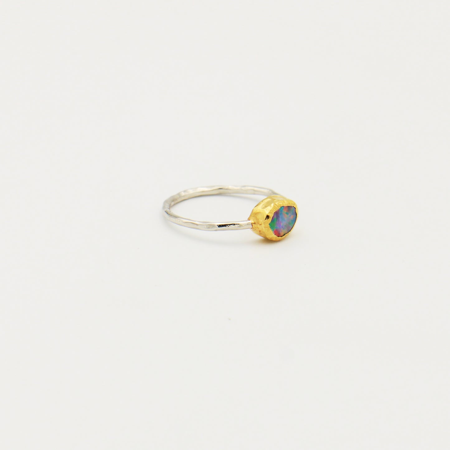 Dainty Oval Australian Opal GP Hammered Sterling Ring Size 8