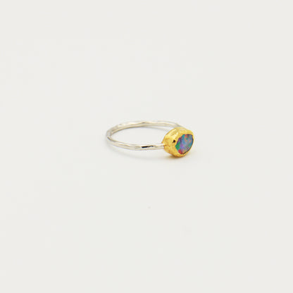 Dainty Oval Australian Opal GP Hammered Sterling Ring Size 8
