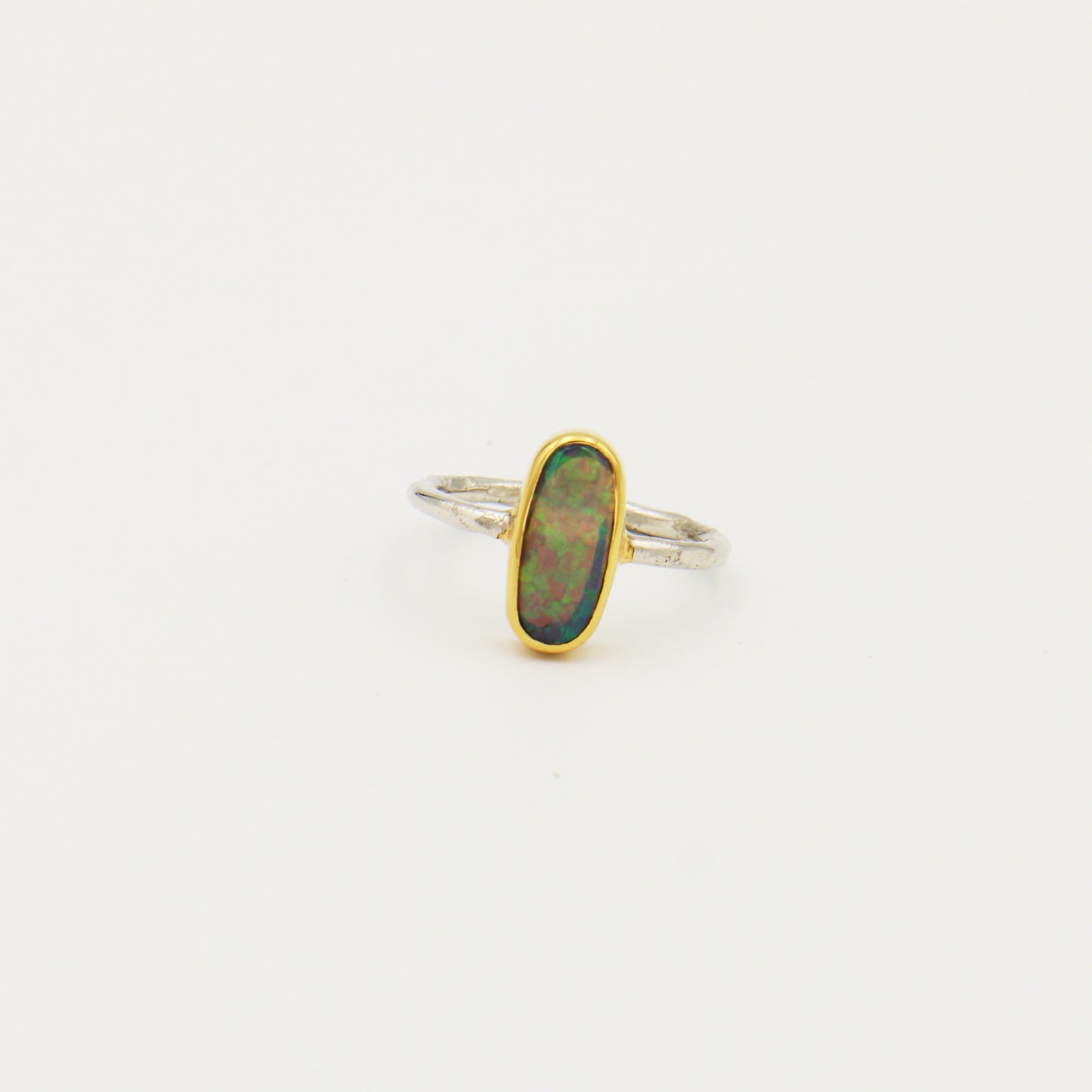 Australian Opal Long GP Hammered Sterling Ring Size 8
