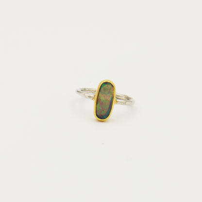 Australian Opal Long GP Hammered Sterling Ring Size 8