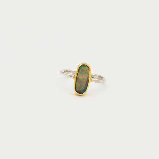 Australian Opal Long GP Hammered Sterling Ring Size 8