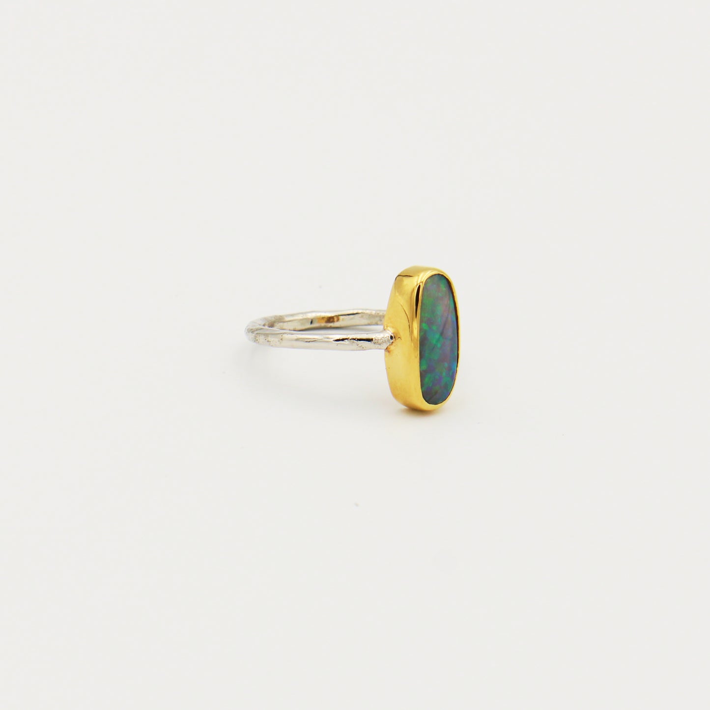 Australian Opal Long GP Hammered Sterling Ring Size 8