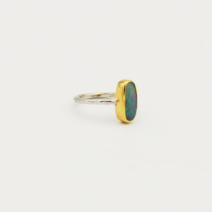 Australian Opal Long GP Hammered Sterling Ring Size 8