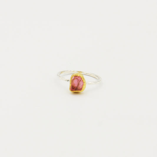 Rough Pink Tourmaline GP Hammered Sterling Ring Size 8