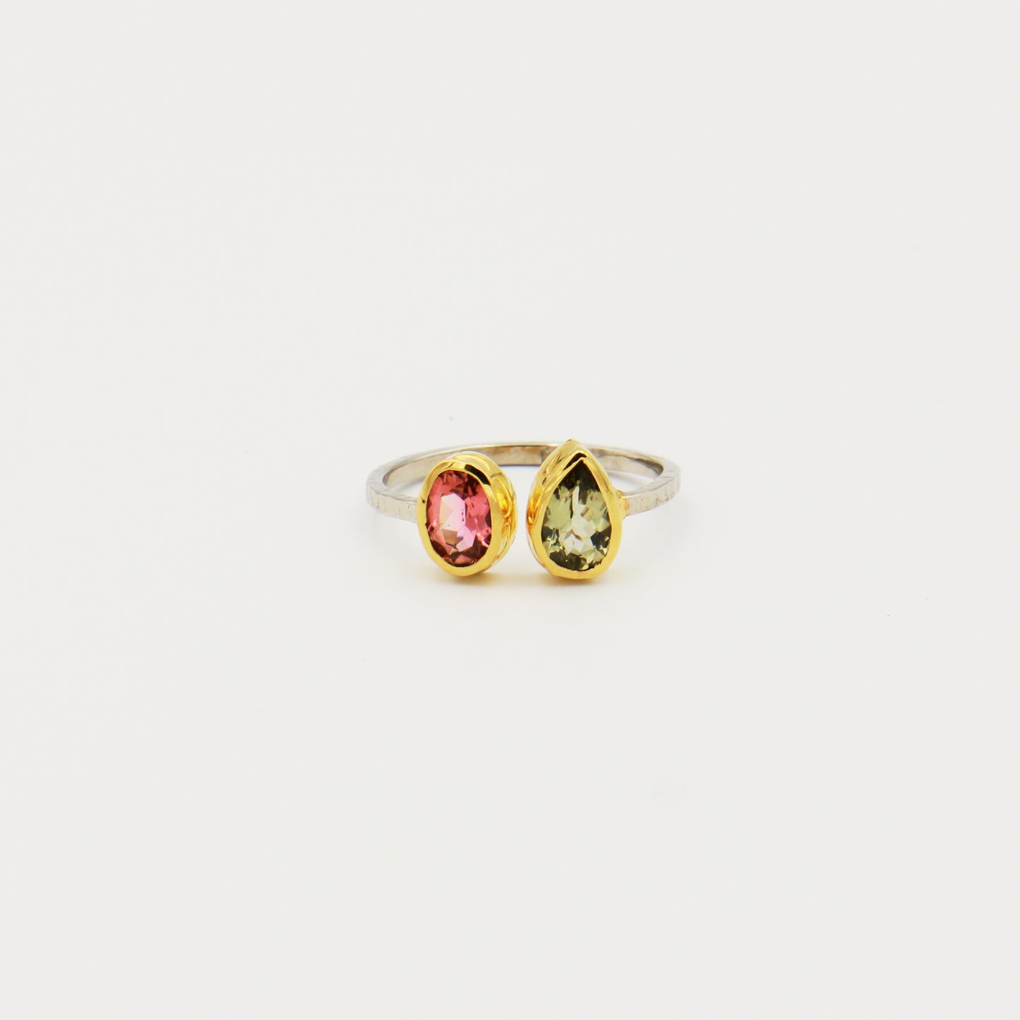 2 Stone Tourmaline Ring GP Hammered Sterling Ring Size 8