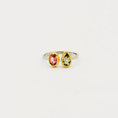 2 Stone Tourmaline Ring GP Hammered Sterling Ring Size 8