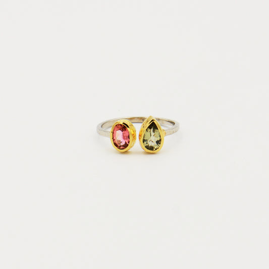 2 Stone Tourmaline Ring GP Hammered Sterling Ring Size 8