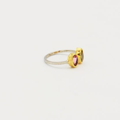 2 Stone Tourmaline Ring GP Hammered Sterling Ring Size 8