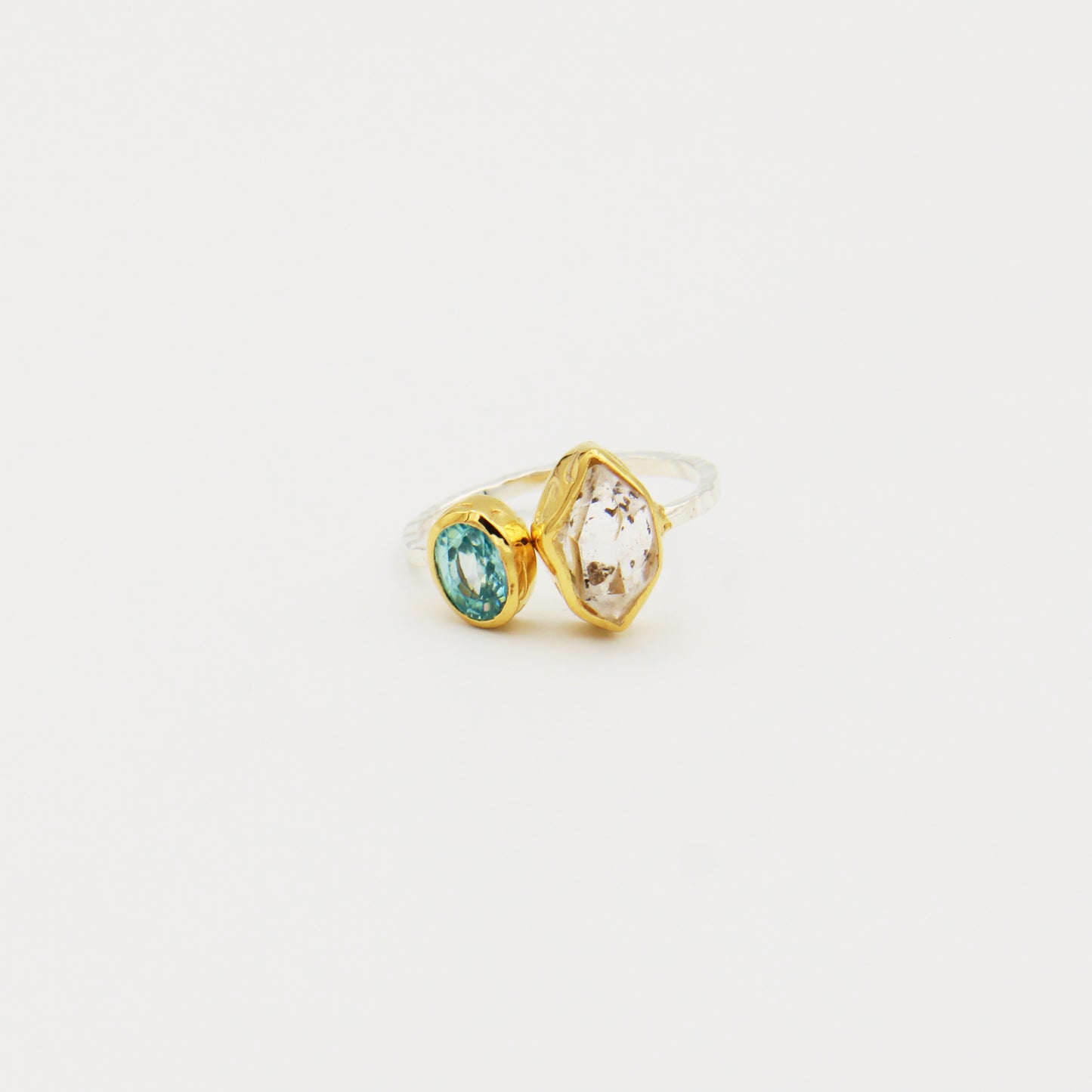 Blue Topaz & Herkimer Diamond GP Hammered Sterling Ring Size 7