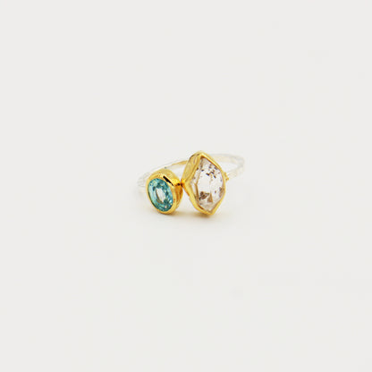 Blue Topaz & Herkimer Diamond GP Hammered Sterling Ring Size 7