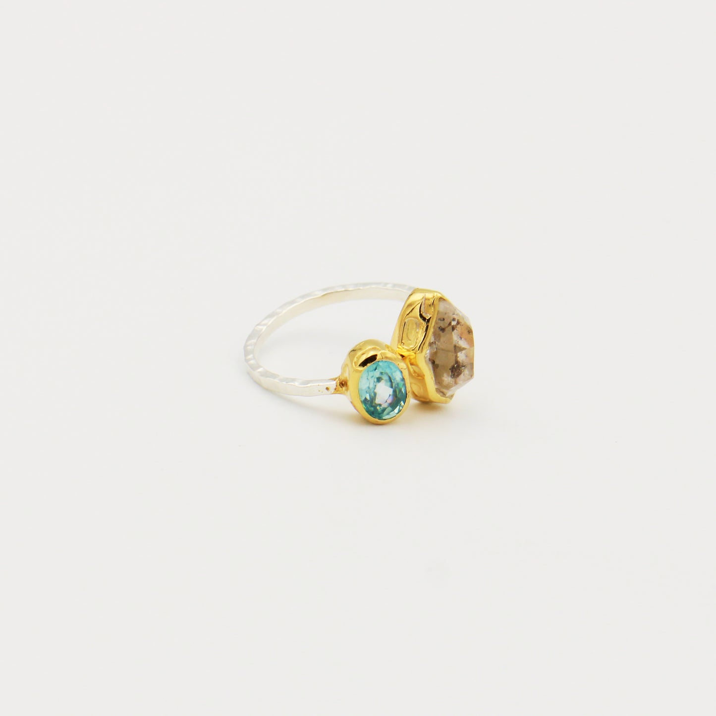 Blue Topaz & Herkimer Diamond GP Hammered Sterling Ring Size 7