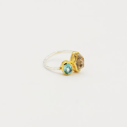 Blue Topaz & Herkimer Diamond GP Hammered Sterling Ring Size 7