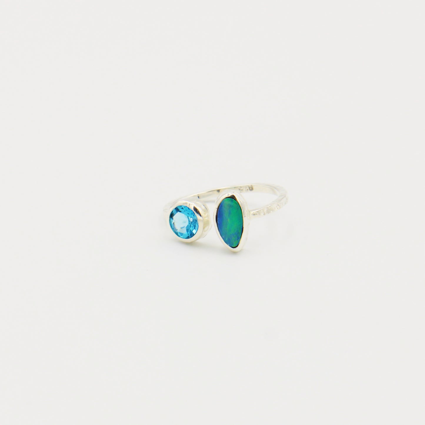 Australian Opal & Blue Topaz Hammered Sterling Ring Size 8