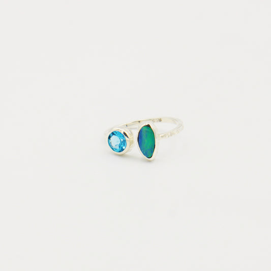 Australian Opal & Blue Topaz Hammered Sterling Ring Size 8
