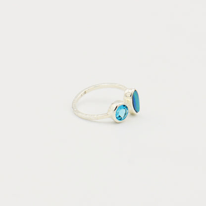 Australian Opal & Blue Topaz Hammered Sterling Ring Size 8