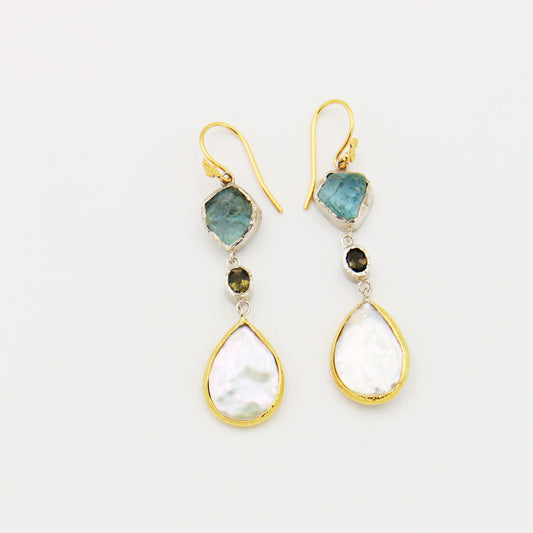 Rough Aquamarine, Tourmaline & Baroque Pearl Dangle Earrings