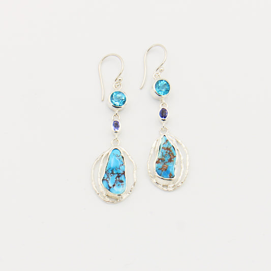 Turquoise, Blue Topaz & Tanzanite Sterling Dangle Earrings