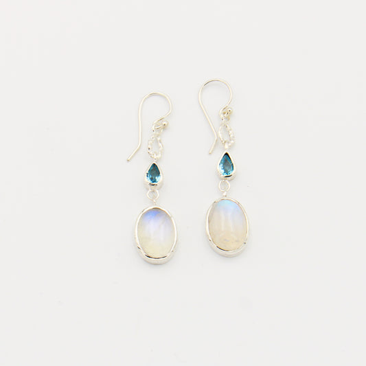 Rainbow Moonstone & Blue Topaz Sterling Earrings