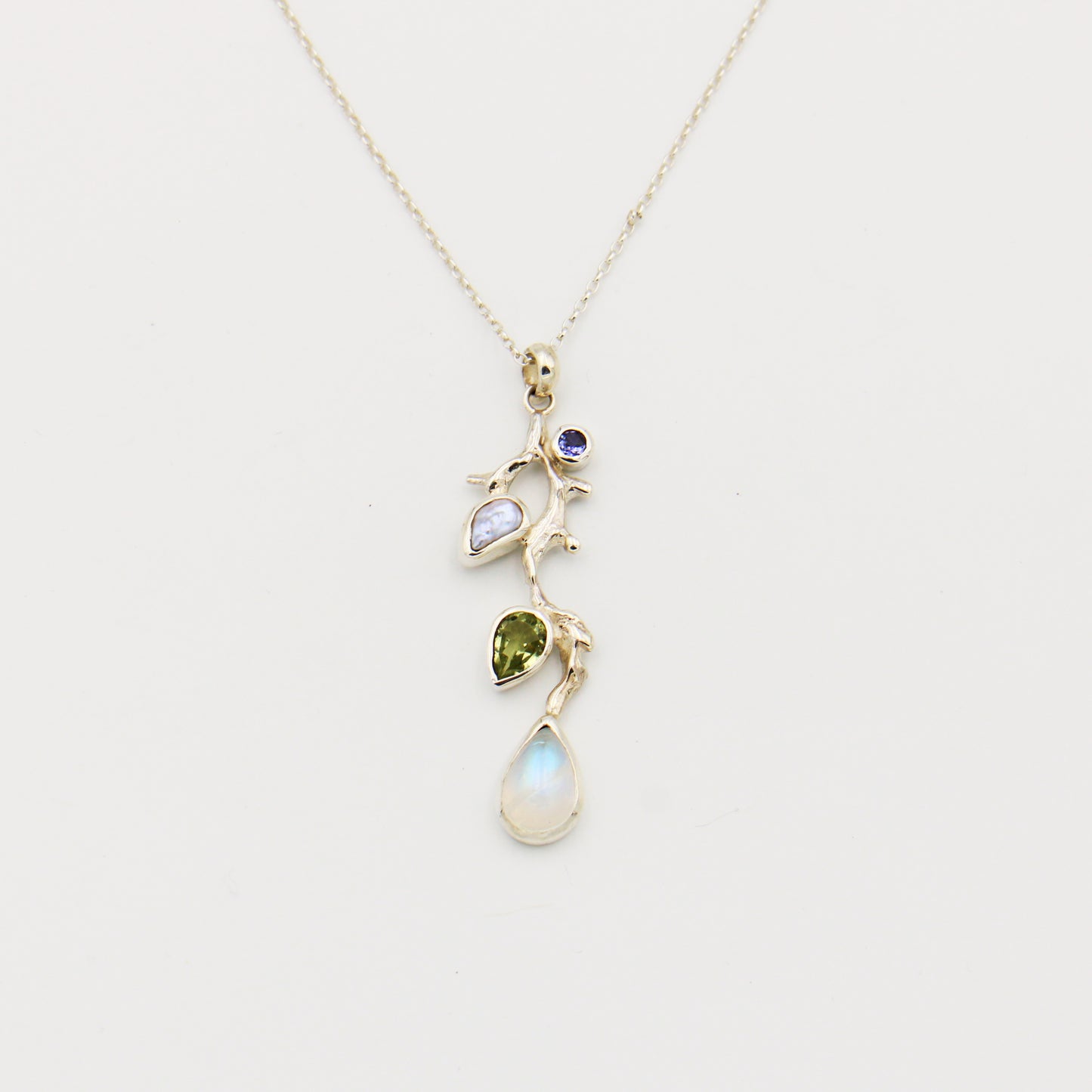 Moonstone, Green Tourmaline, Pearl & Tanzanite Branch Necklace