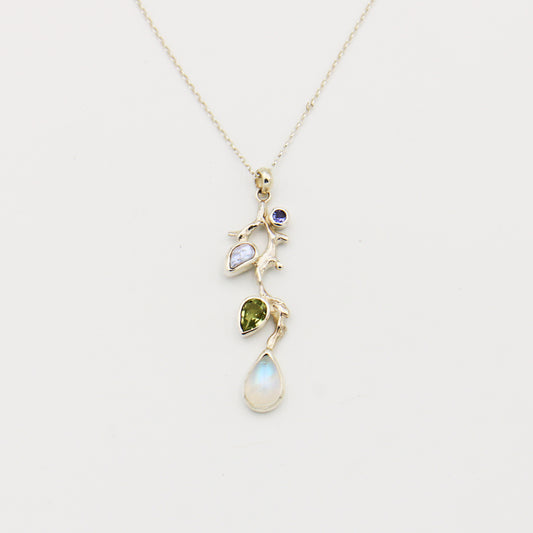 Moonstone, Green Tourmaline, Pearl & Tanzanite Branch Necklace