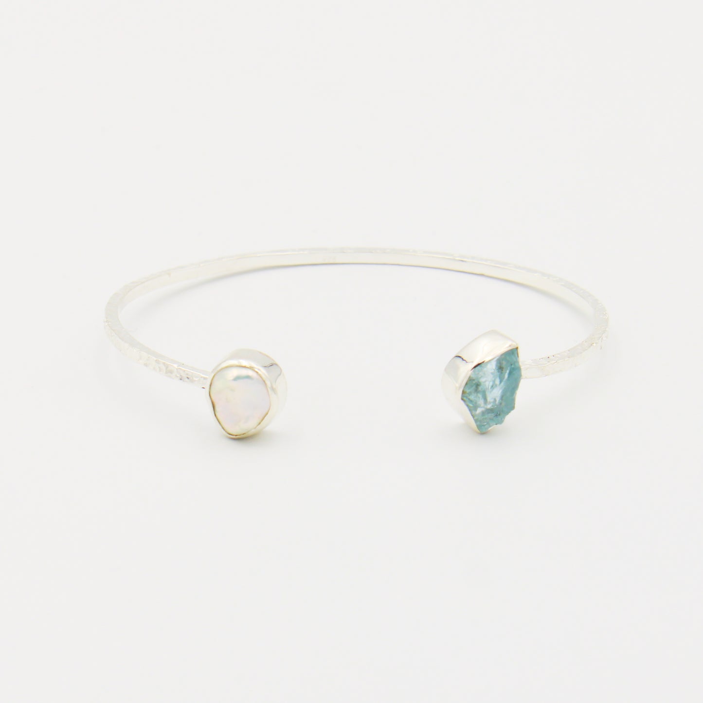 Rough Aquamarine & Baroque Pearl Sterling Hammered Cuff