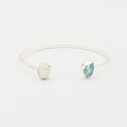 Rough Aquamarine & Baroque Pearl Sterling Hammered Cuff