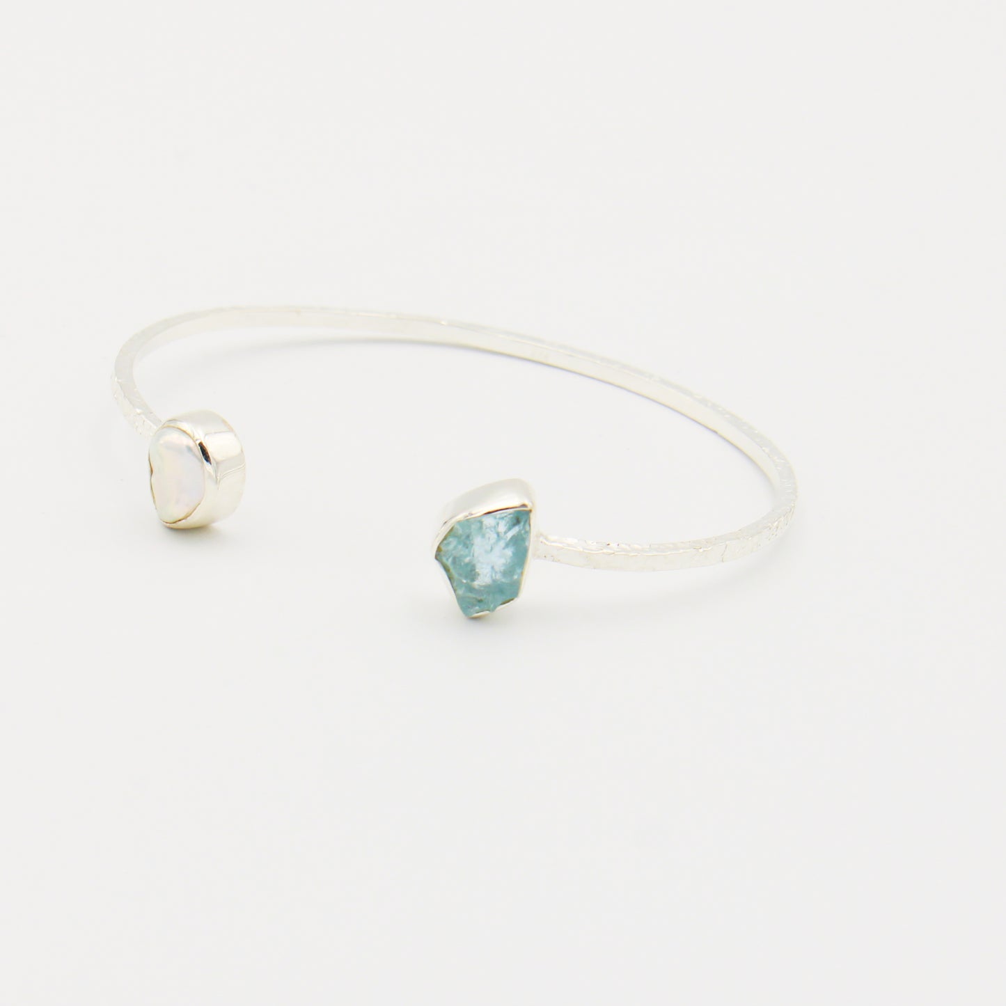 Rough Aquamarine & Baroque Pearl Sterling Hammered Cuff