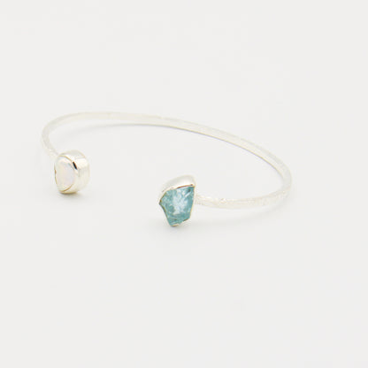 Rough Aquamarine & Baroque Pearl Sterling Hammered Cuff