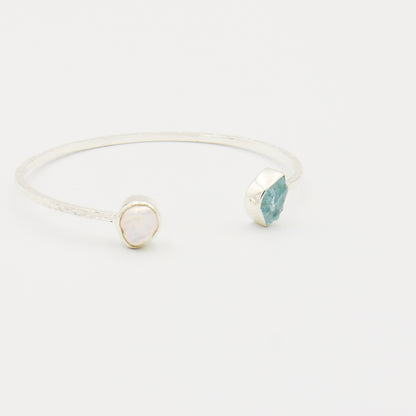 Rough Aquamarine & Baroque Pearl Sterling Hammered Cuff
