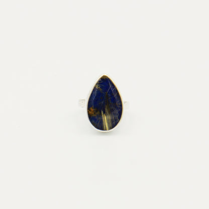 Lapis & Rutiled Quartz Doublet Pear Sterling RIng Size 7