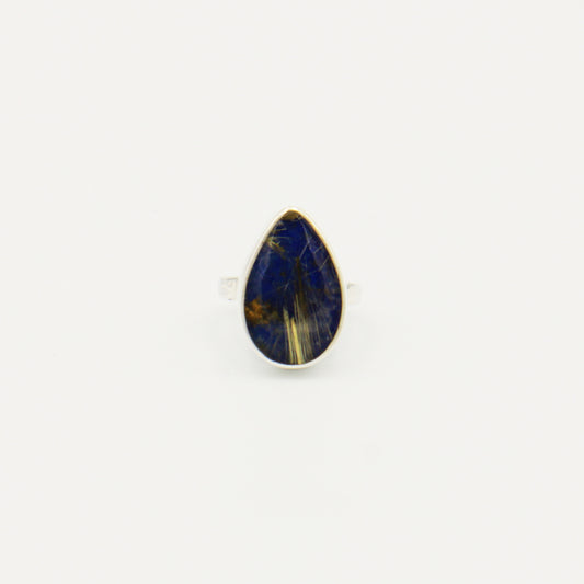 Lapis & Rutiled Quartz Doublet Pear Sterling RIng Size 7