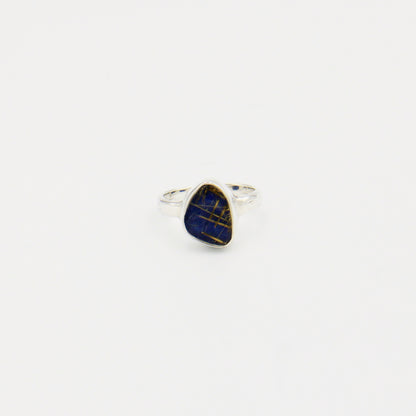 Lapis & Rutilated Quartz Doublet Wedge Sterling Ring Size 8