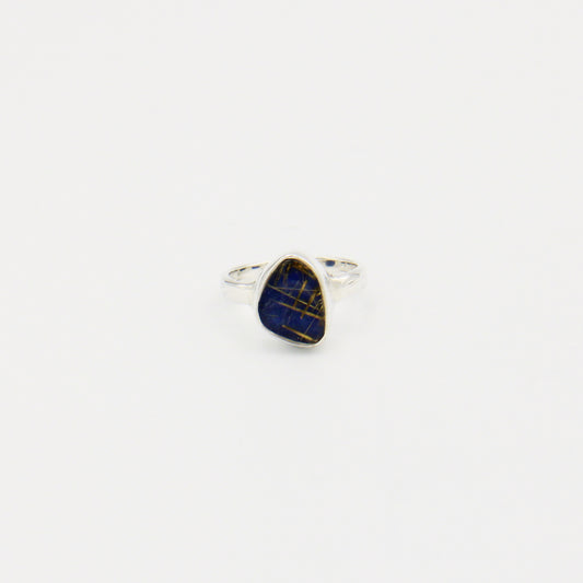 Lapis & Rutilated Quartz Doublet Wedge Sterling Ring Size 8