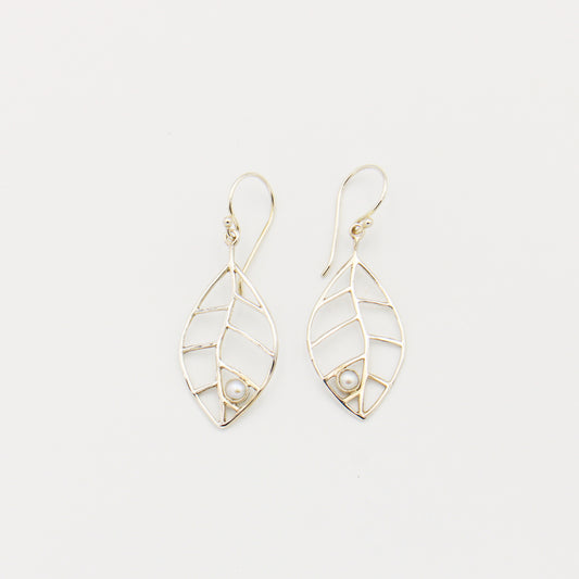 Sterling Leaf Dangle Earrings with Tiny Pearl