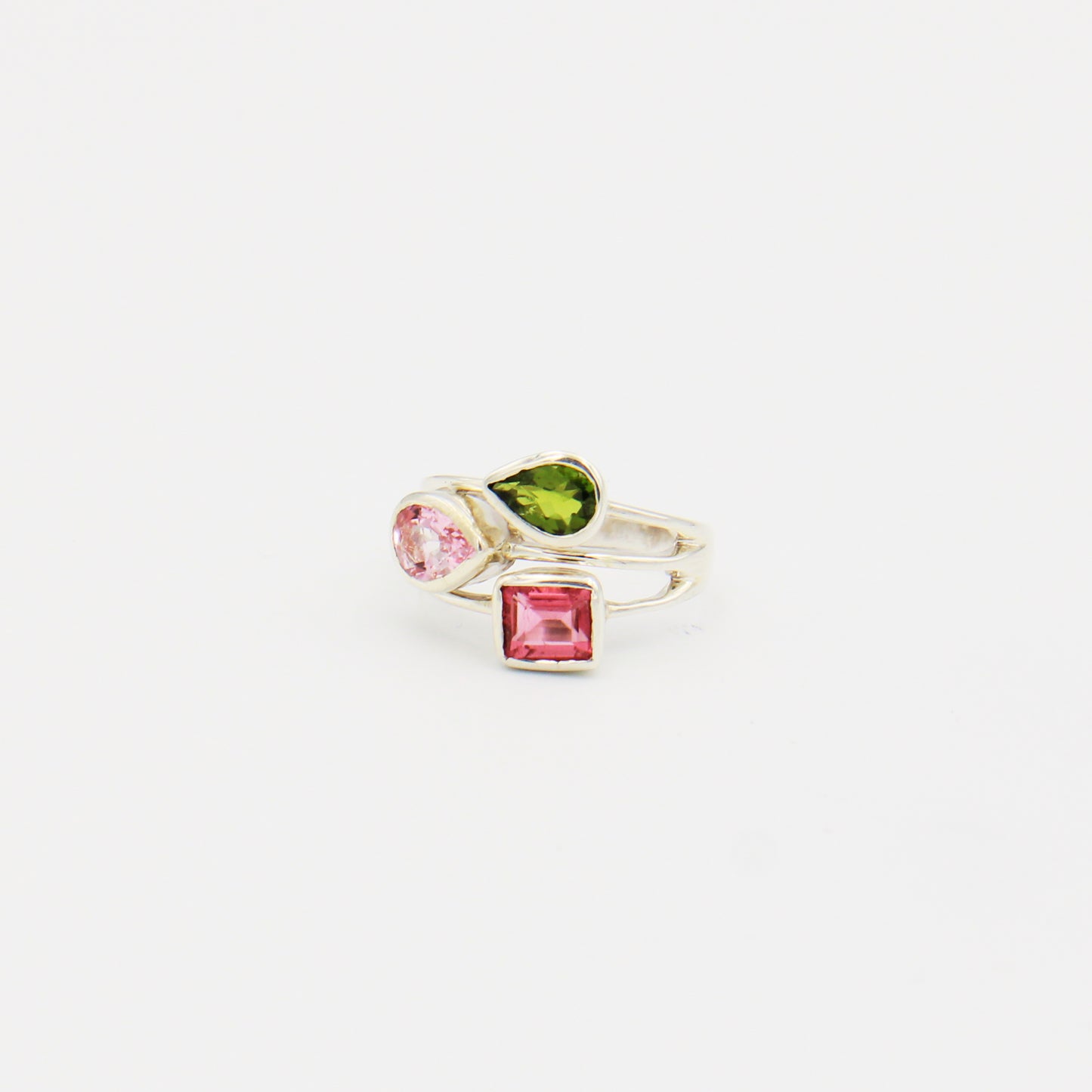Tourmaline Three Stone Sterling Split Shank Ring Size 7