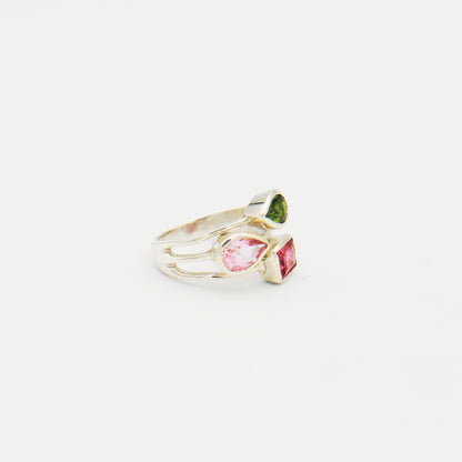 Tourmaline Three Stone Sterling Split Shank Ring Size 7