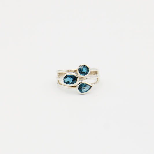 Blue Topaz 3 Stone Sterling Ring Size 8