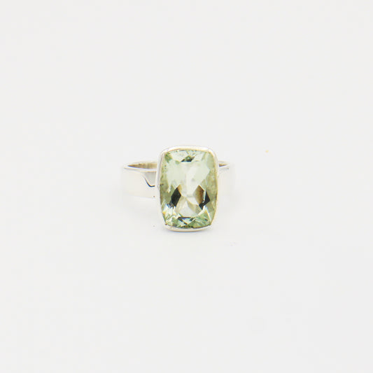 Green Amethyst Rectangle Sterling Silver Ring Size 7.5