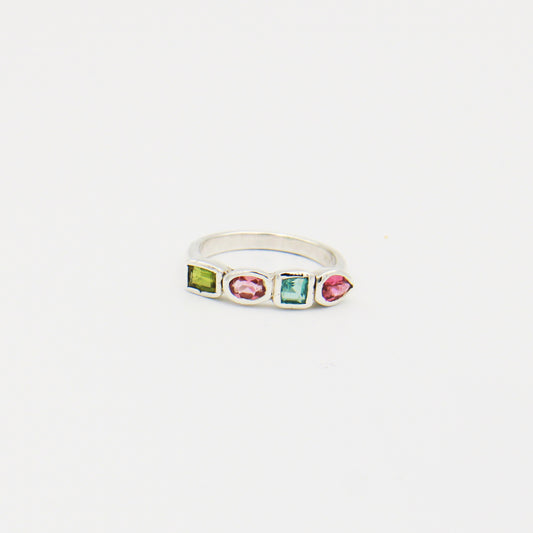 Tourmaline Multi Four Stone Sterling Ring Size 7