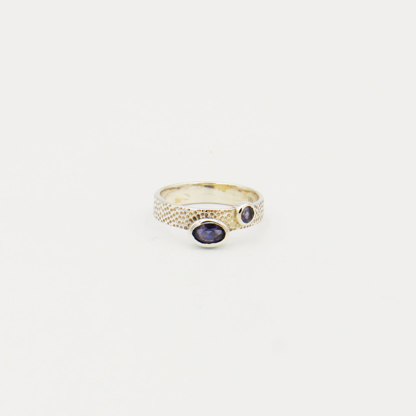 Iolite Two Stone Oval & Round Textured Band Ring Size 8