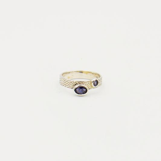 Iolite Two Stone Oval & Round Textured Band Ring Size 8