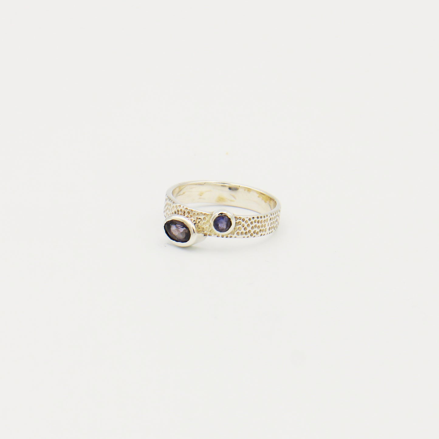 Iolite Two Stone Oval & Round Textured Band Ring Size 8