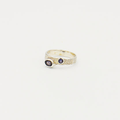 Iolite Two Stone Oval & Round Textured Band Ring Size 8